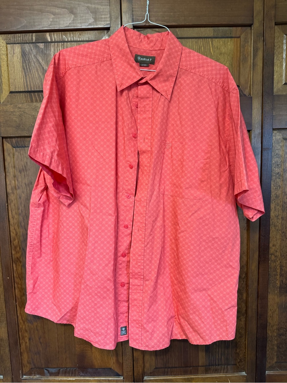Ariat Men's Short Sleeve Button-Up Shirt in Coral Red Geometric